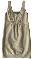 Nine West Dress 8 Gold Linen Cotton Sleeveless Shift Gathered Gems Metallic
