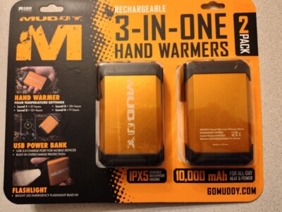 [2 Pack] Muddy Rechargeable 3-in-1 Hand Warmer 10,000 mAh Power Bank Flashlight