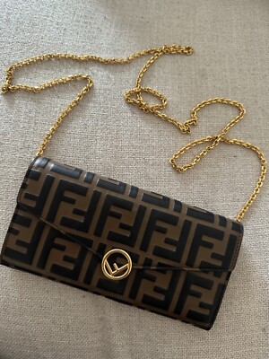 Authentic Fendi F is Fendi Continental Chain Wallet Zucca Embossed Leather