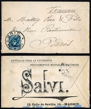 Spain ca.1900 Advertising Cover to Paris ? Salvi Madrid ? Photographic & Musical