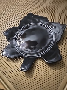 Vintage Black Glass Leaf Plate Silver Stripe Estate JJ #114