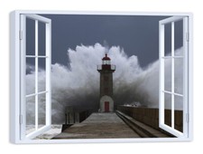 Quadro Stampa su Tela con Telaio in Legno Arredamento Finestra faro tempesta