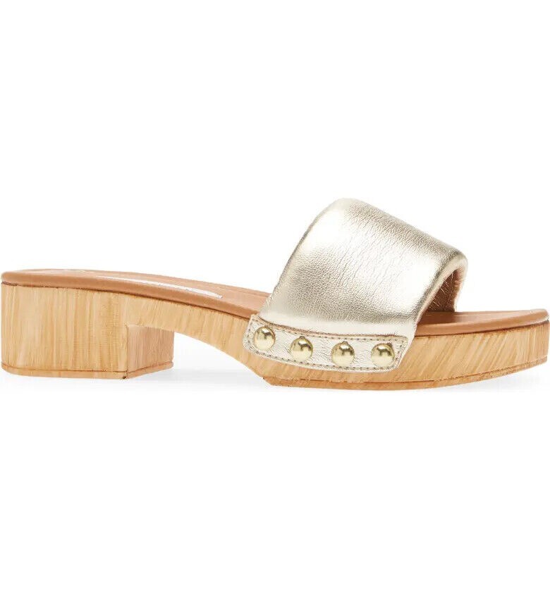 PANTOFOLA D’ORO Sandalo Steve Madden punta aperta legno zoccolo appartenente oro LEGGI descrizione
