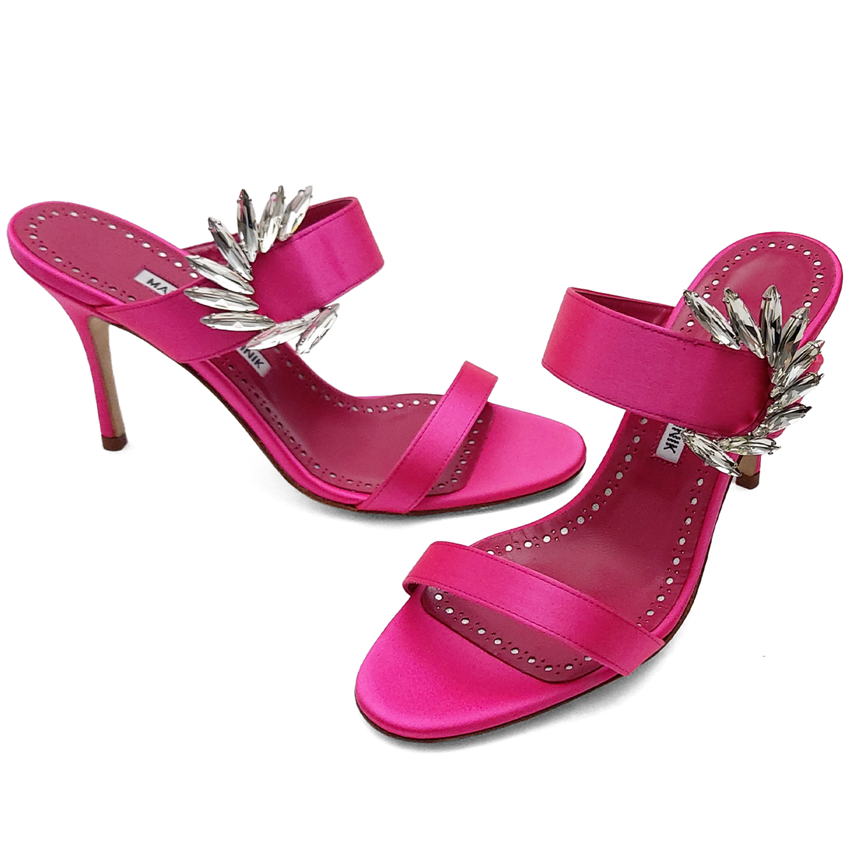 Manolo Blahnik Chivela Pink Satin Sandals Crystal Embellishments