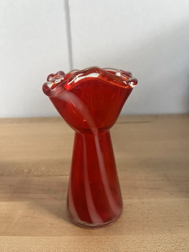 Handblown Murano Swirled Red/White Glass Vase Vintage