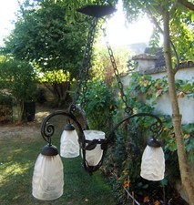 ancien lustre suspension tulipe art déco signé Schneider montuer fer forgé