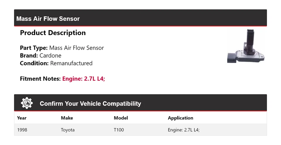 Датчик массового расхода воздуха Cardone для 1998 Toyota T100 2,7 л L4 - Изображение 2 из 4