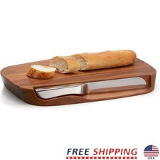 Acacia Wood Bread Board W/ Stainless Steel Knife Slicing & Entertaining New