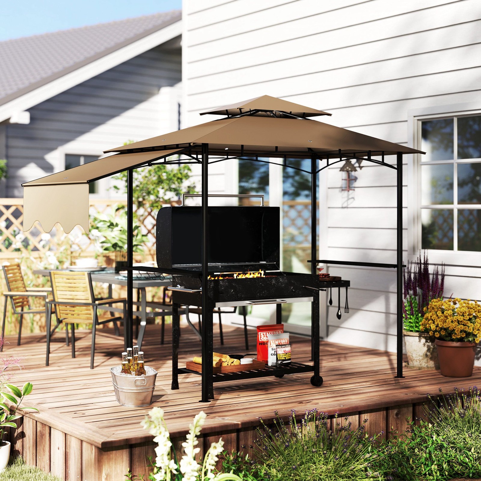 Outdoor BBQ Gazebo 8x5 with Air-Circulating Double Top, Shelves Brown