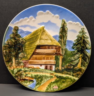 Vtg Majolica 12'' Wall Plate Mountain Chalet Scene 3D Hand Painted Germany #4503