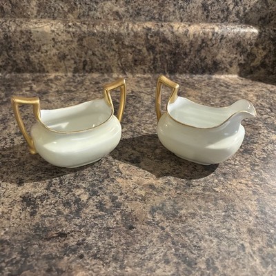 T&V Limoges France Cream and Sugar Set with Gold Trim
