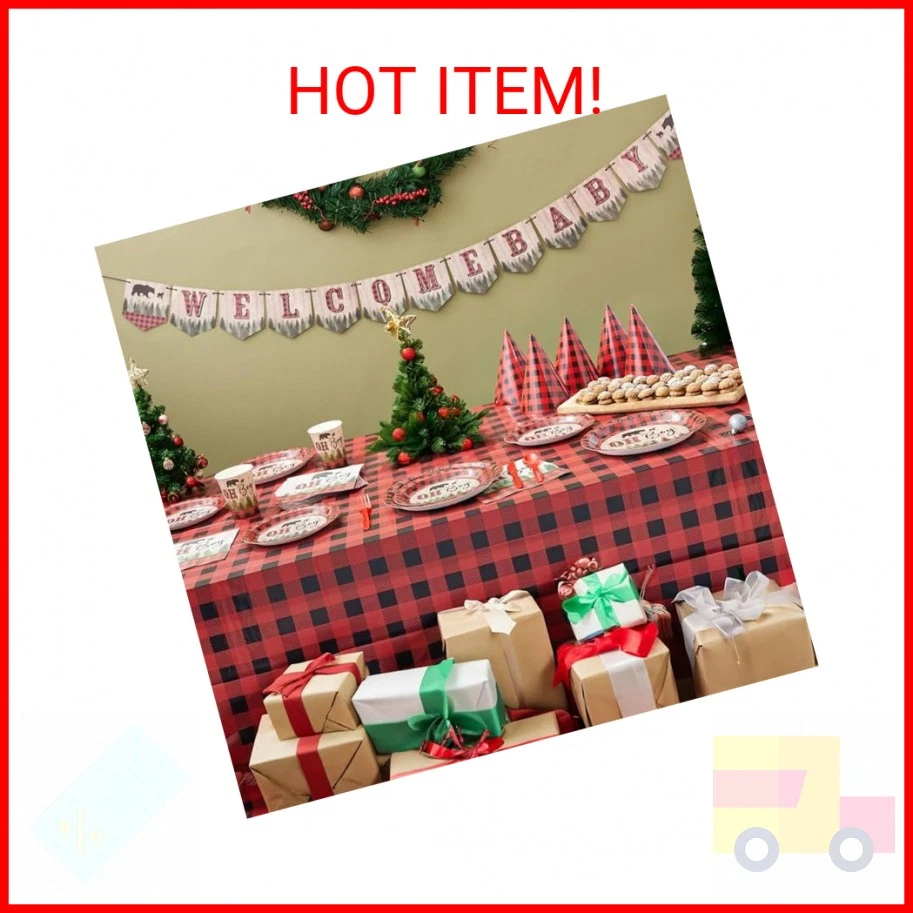 Decoraciones de baby shower 94 piezas - Suministros de fiesta a cuadros de búfalo rojo y negro y ta Foto 2 de 2