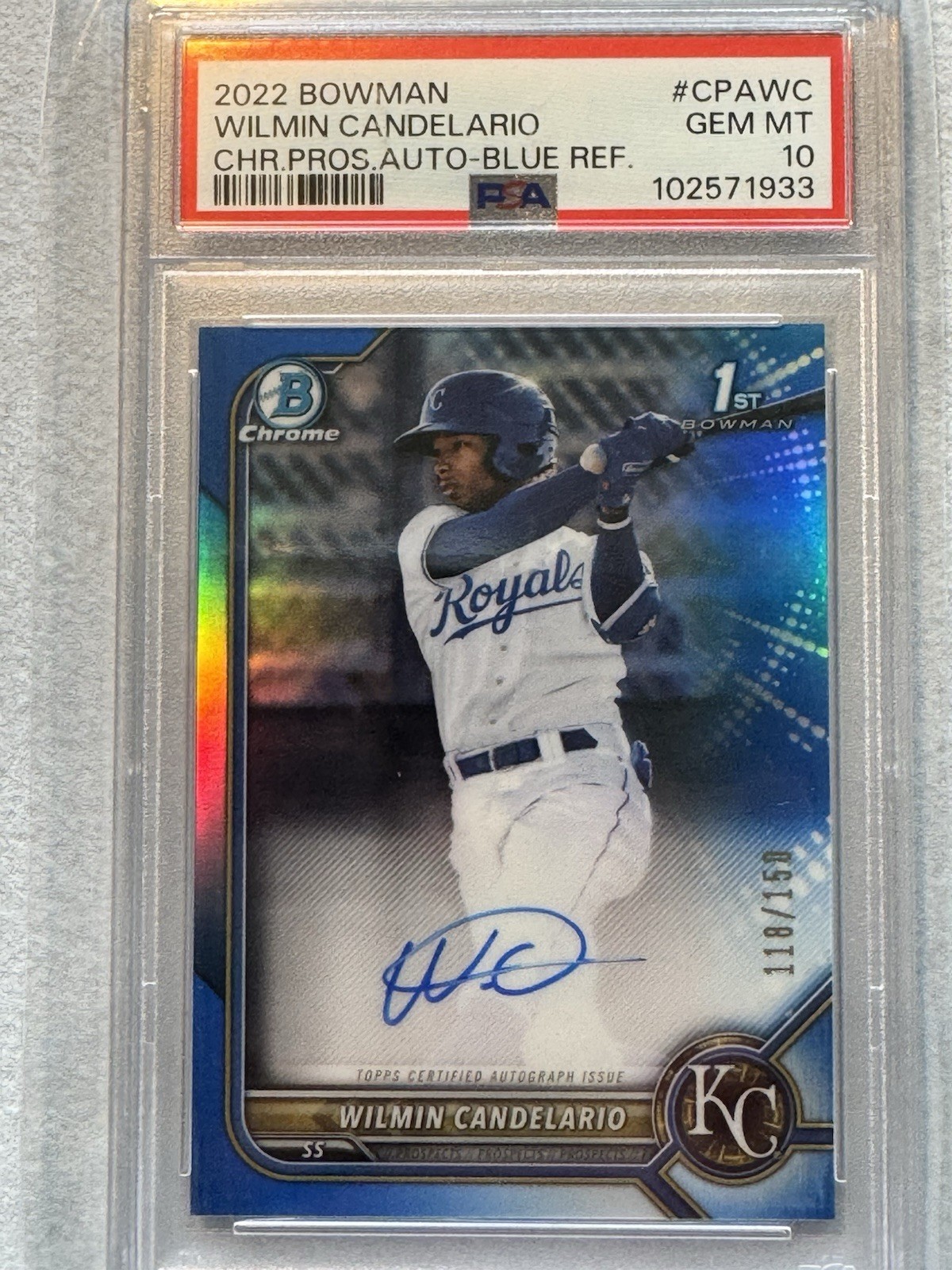 2022 BOWMAN CHROME WILMIN CANDELARIO /150 -BLUE REF & AUTOGRAPH ROOKIE PSA 10!!