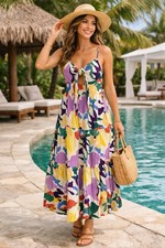 AZURA DRESS S MAXI MIDI TIE FRONT ABSTRACT PRINT TIERED BOHO RESORT ELASTIC ZIP