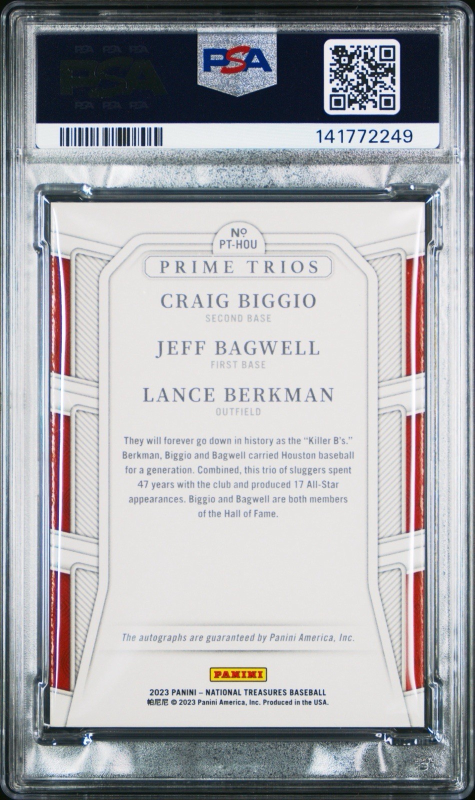 2023 National Treasures Biggio Bagwell Berkman Triple Auto Holo Silver 1/3 PSA 9 view 2