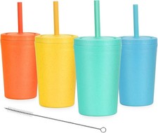 Reusable Wheat Straw Cups W/ Lids  Silicone Straws 10 Oz Chip Resistant E-Co