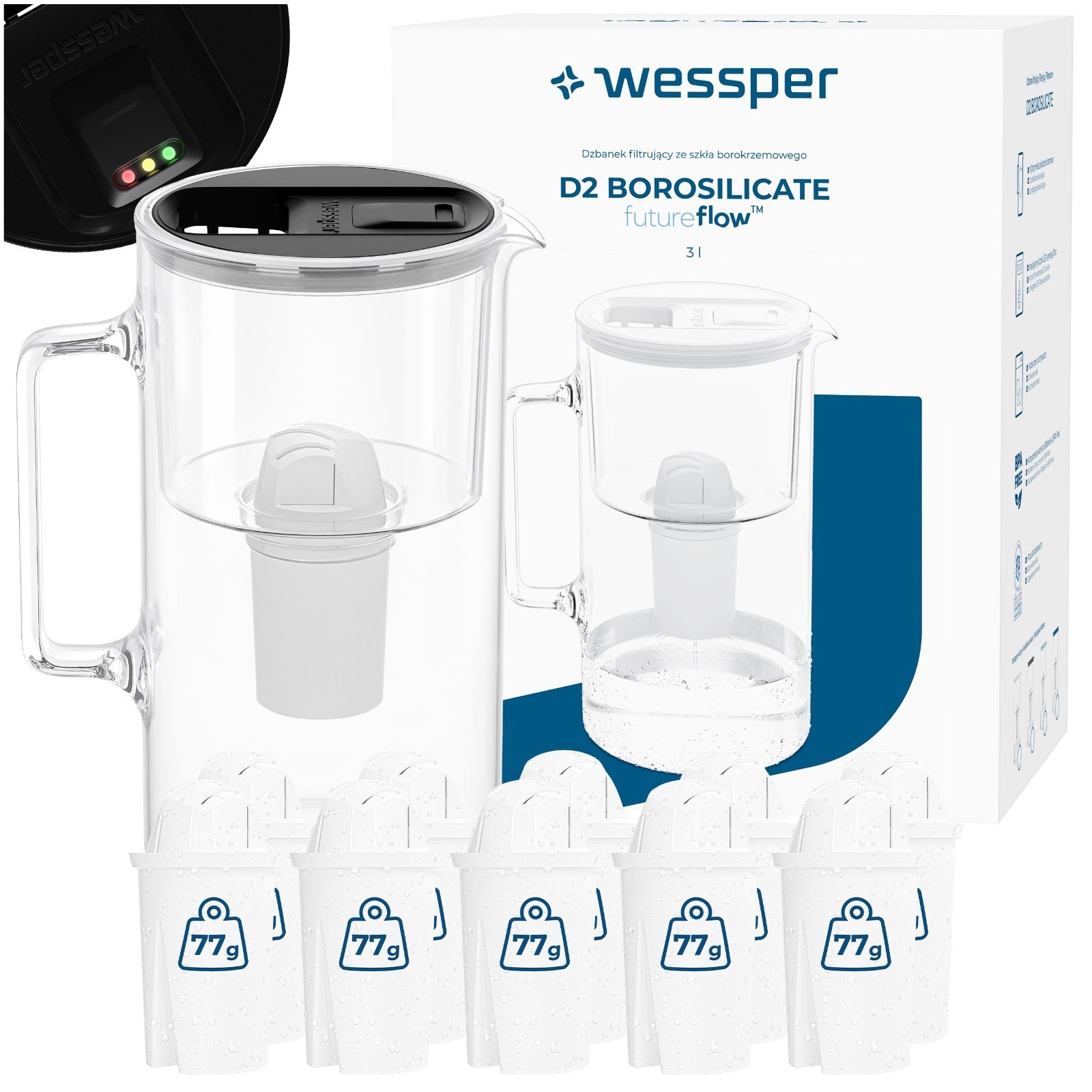 Wessper glass water filter jug, black, 3L, with LED filter change indicator...