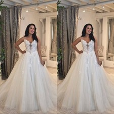 Elegant Wedding Dresses Strapless Lace Appliques A Line Tulle Bridal Gowns