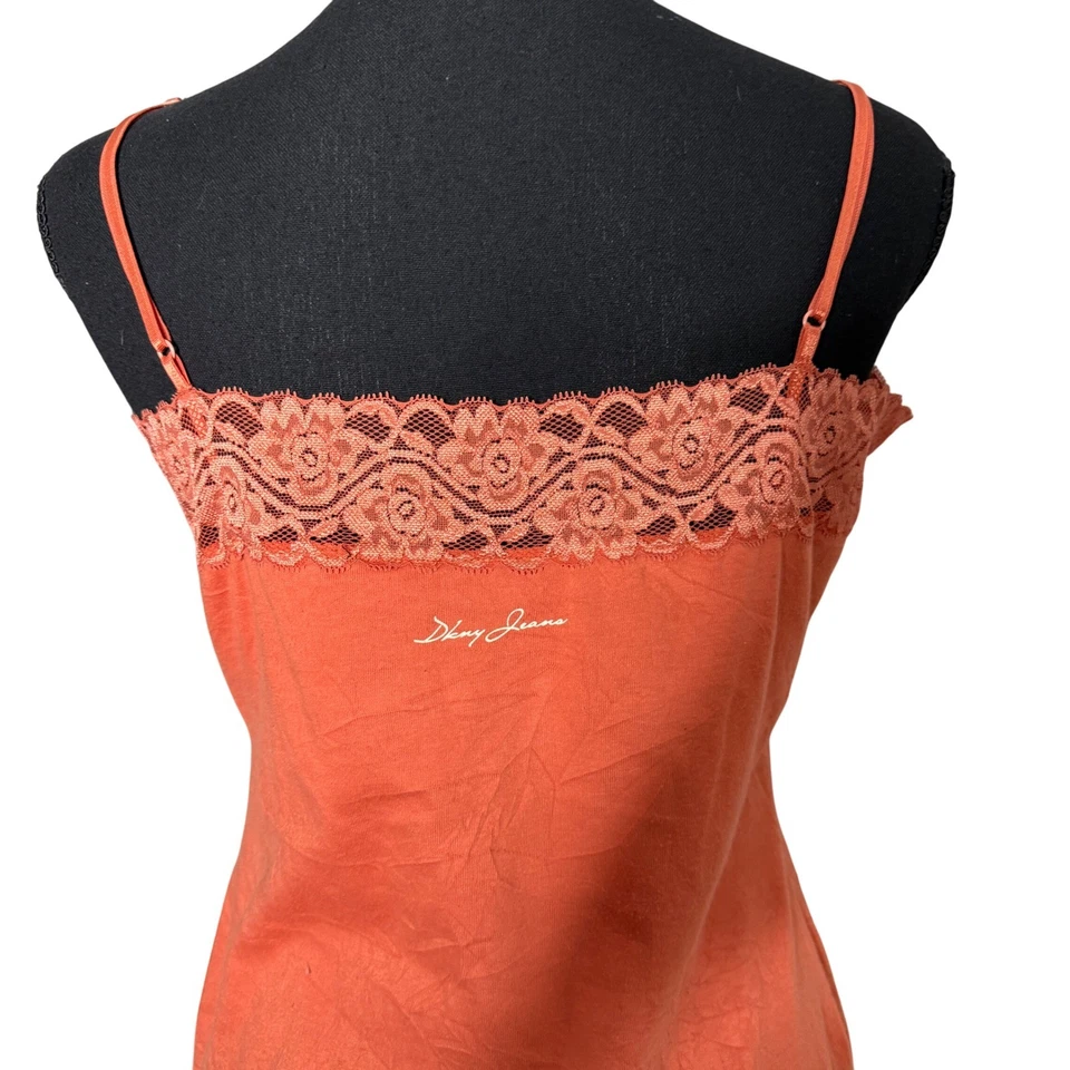 Camiseta sin mangas DKNY Jeans para mujer Y2K encaje ribete cami talla M naranja romántica preppy Foto 4 de 4