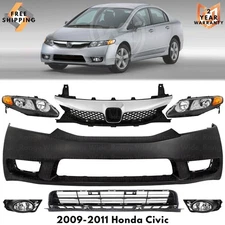 Front Bumper Cover Fascia & Grille Assembly Kit For 2009-2011 Honda Civic