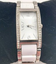 Watch Silver Toned White Band Rectangular Face Rhinestones Sparkly Wristwatch