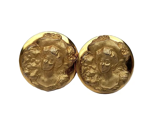 Art Nouveau Lady Gibson Girl Clip On Earrings Goldtone Cameo Vintage Repousse