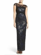 NWT Adrianna Papell Gown Embroidered Black/Navy Mesh and Jersey Size 6
