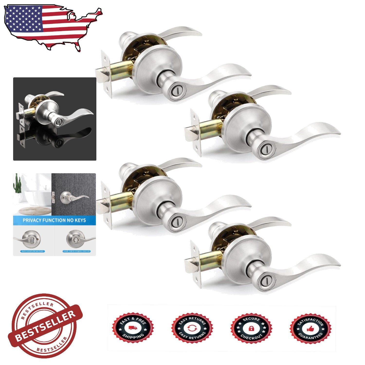 Stylish Privacy Door Knobs Set - 4 Satin Nickel Levers for Left/Right Hand Doors-image