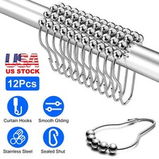 12 Sets of Shower Curtain HOOKS RINGS Stainless Steel Roller Set for Bathroom