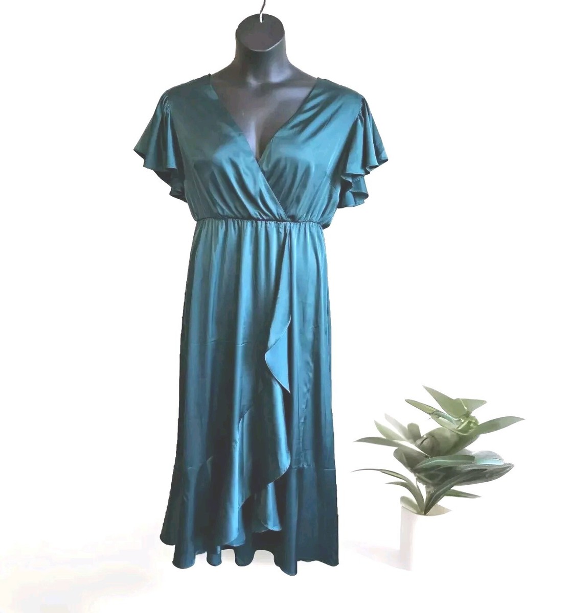 nicole miller dress size large Green Satin Midi Holiday Party Event | eBay
