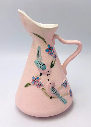Vintage Hull Pottery Pink Serenade Pitcher S2 Circa 1957 Birds Flowers 7"