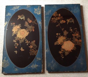 Antique Pr Chinese Lacquered Block-Board Paintings Flowers & Birds Within Cameo