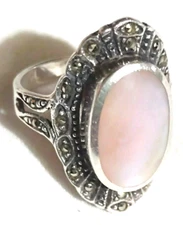 Ladies Sterling Silver .925 Abalone MOP Mother of Pearl Oval Shell Ring Sz 7.5 