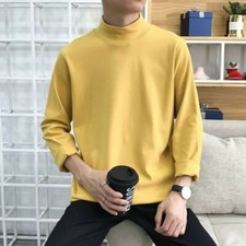 Mens Cotton Shirt Mock Neck Warm Winter Knitted Long Sleeve Solid Loose Top