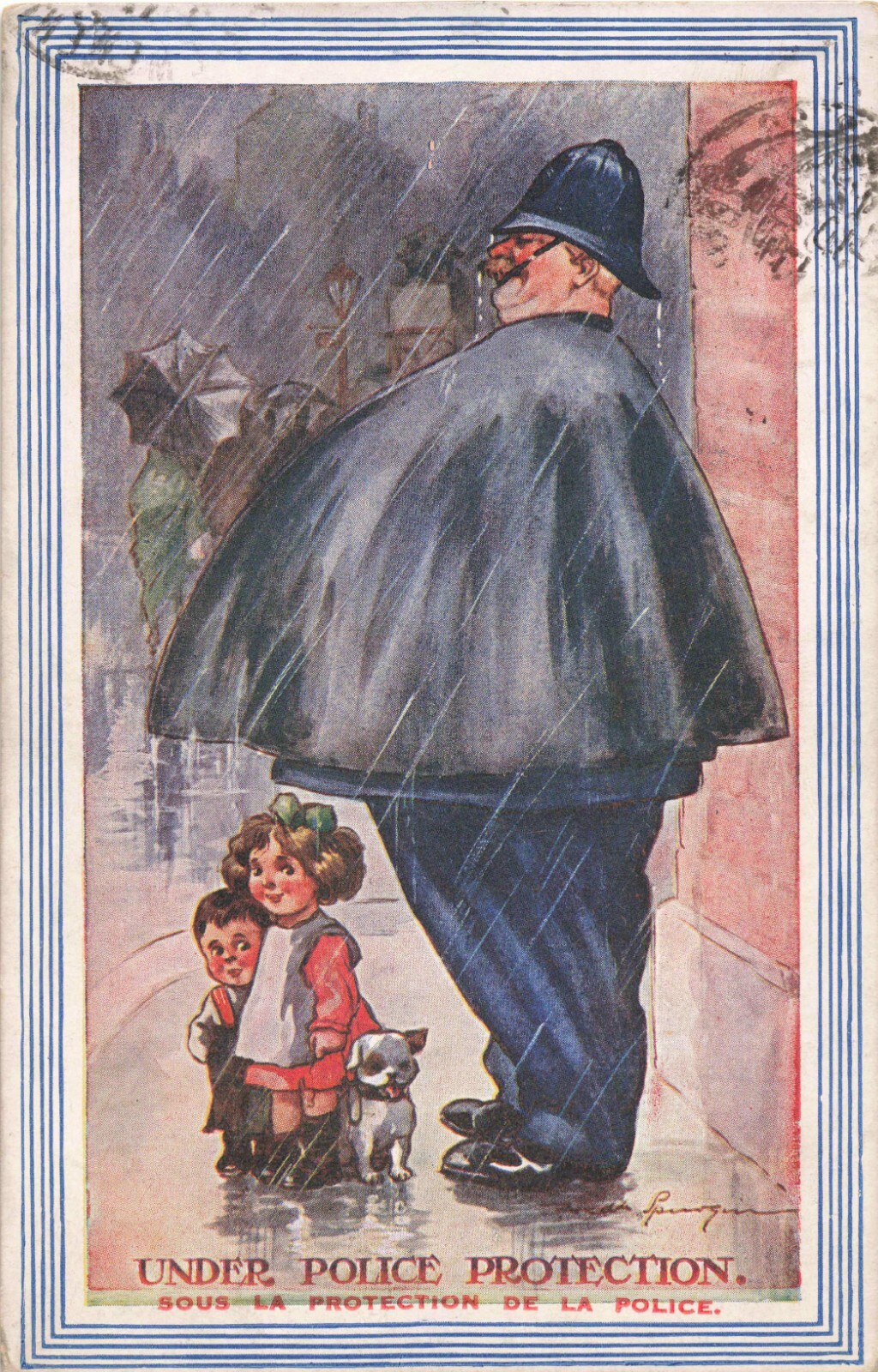 Postcard Comic Fat Policeman Children Under Police Protection French