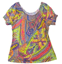 Lauren Ralph Lauren Smocked Short Sleeve Top Large Colorful Boho Preppy Peasant