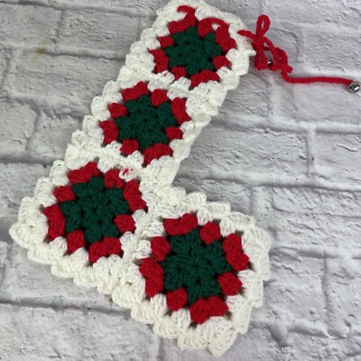 Vintage Hand Crochet Red, White & Green Granny Square Christmas Stocking