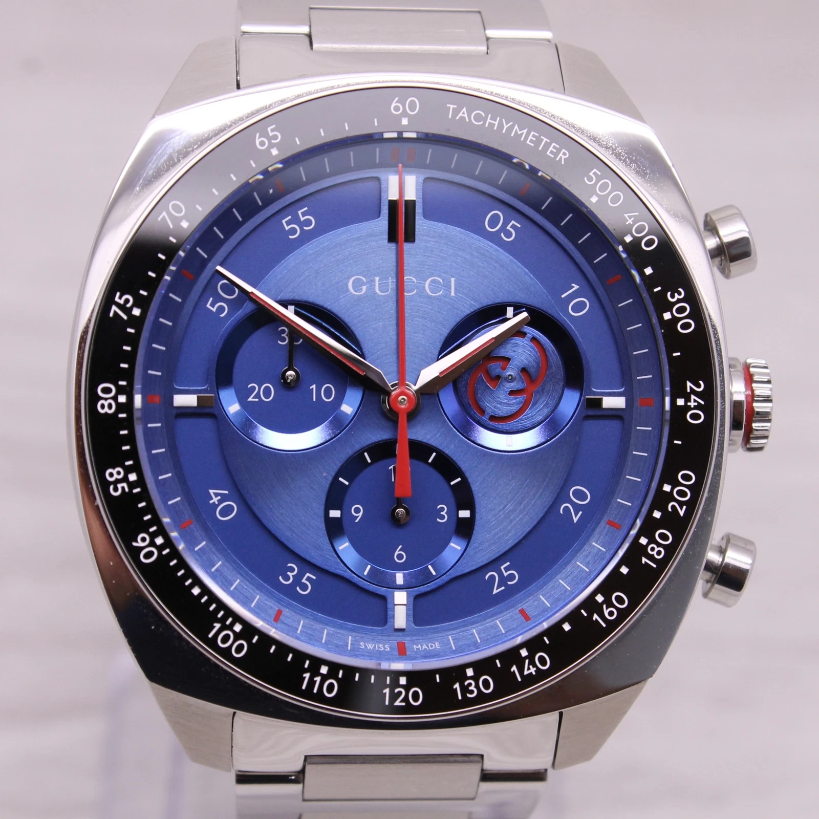 Montre chronographe homme Gucci à quartz en acier 41 mm à verrouillage bleu avec boîte YA142317