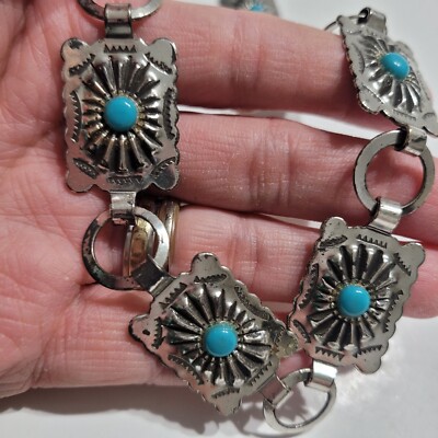 Vintage Faux Turquoise Southwestern Concho Belt Silver Tone  display picture 3