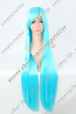 100 cm Blue Long Straight Wigs with Bangs Synthetic Costume