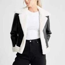 Wome Black Leather Jacket with White Fux Shearling Collar Warm Winter Biker Coat