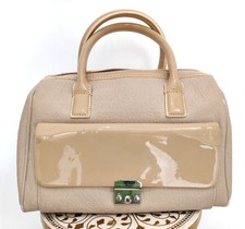 Armani Exchange Beige Logo Patent Faux Leather Top Handle Bag