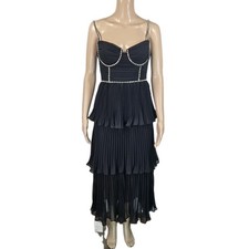 Self Portrait Bustier Black Chiffon Tiered Diamant Adorned Midi Dress, 4, NWT