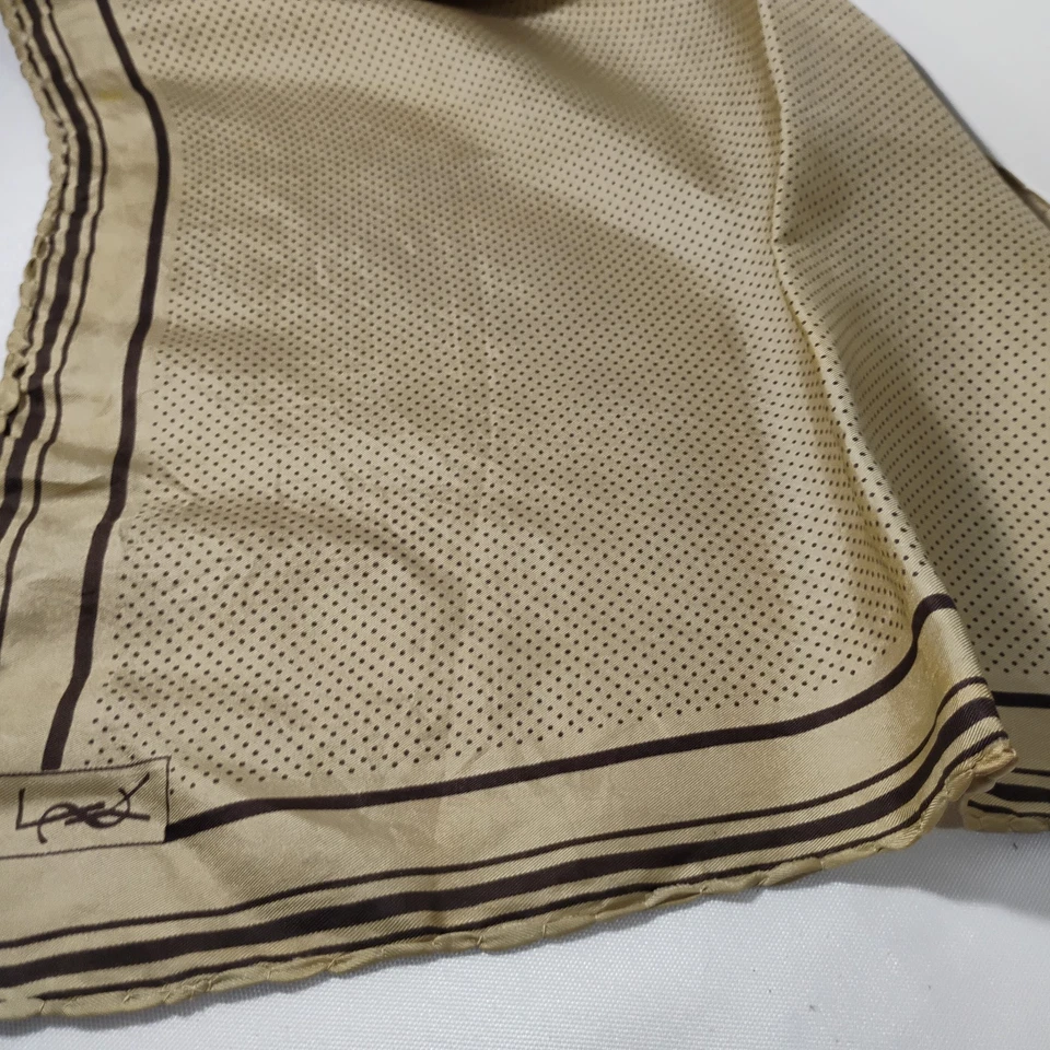 Vintage Yves Saint Laurent Handkerchief Pocket Square Brown Tan Logo Polka Dot - Image 3 of 4