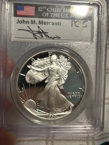 1990 S AMERICAN SILVER EAGLE MERCANTI SIGNED $1 PROOF 1 oz COIN PCGS PF 70 DCAM