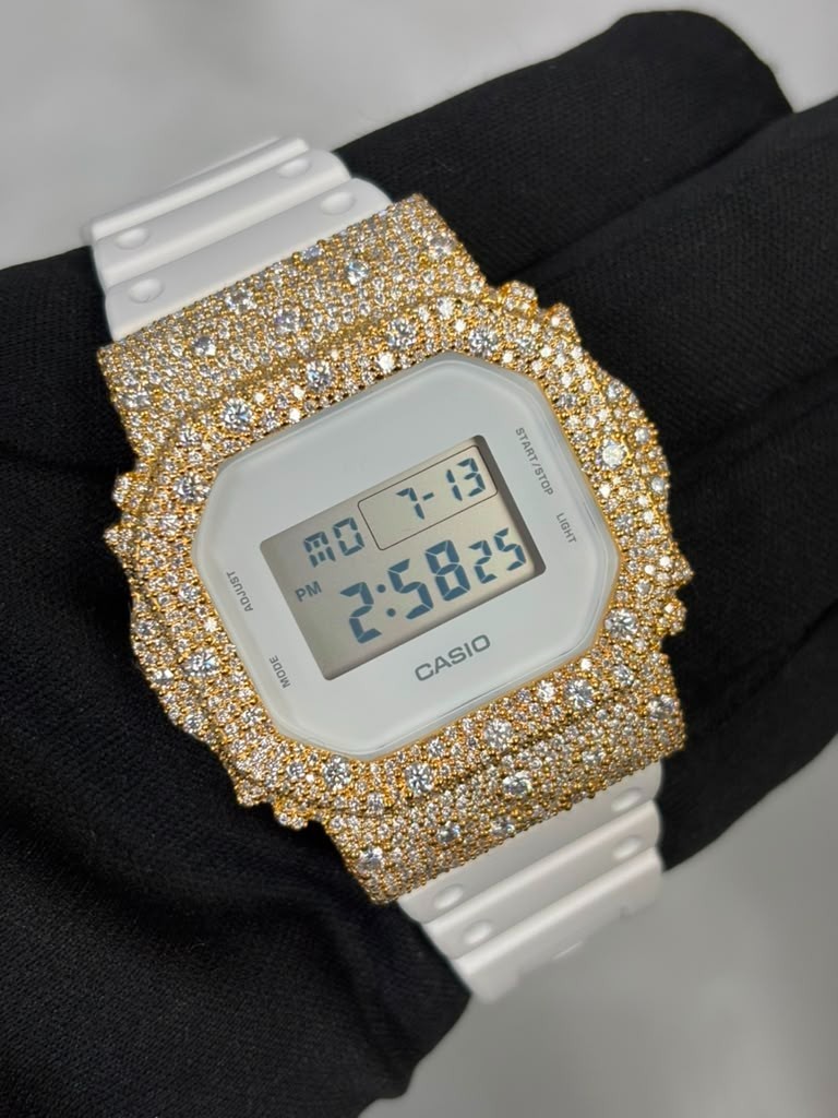 Custom Moissanite G-Shock DW-5600 Watch Yellow Bezel White Face