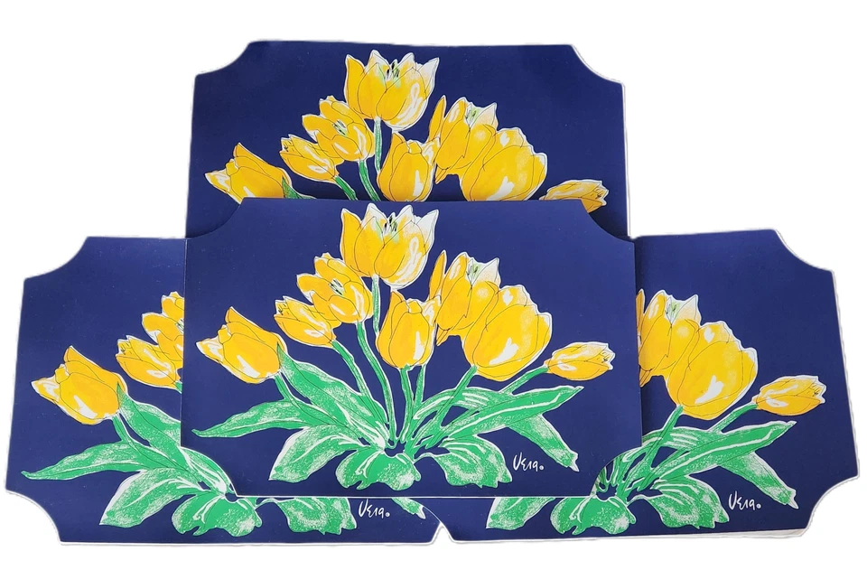 Vintage Vera Neumann Vinyl Tischsets (4) blau mit gelben Tulpen 12" x 17 1/2"