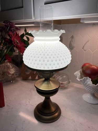 Vintage Electric Brass Hurricane Lamp W/ Hobnail Glass Shade Tested Works, EUC