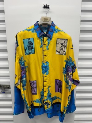 Vintage Versace Sport Silk Shirt Yellow Blue Tennis Print 90s Size Large