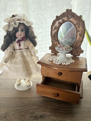 Homemade Doll Dresser With Mirror Attached And Mini Doily & Made